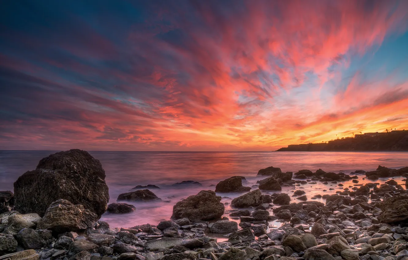 Фото обои закат, камни, океан, розовый, побережье