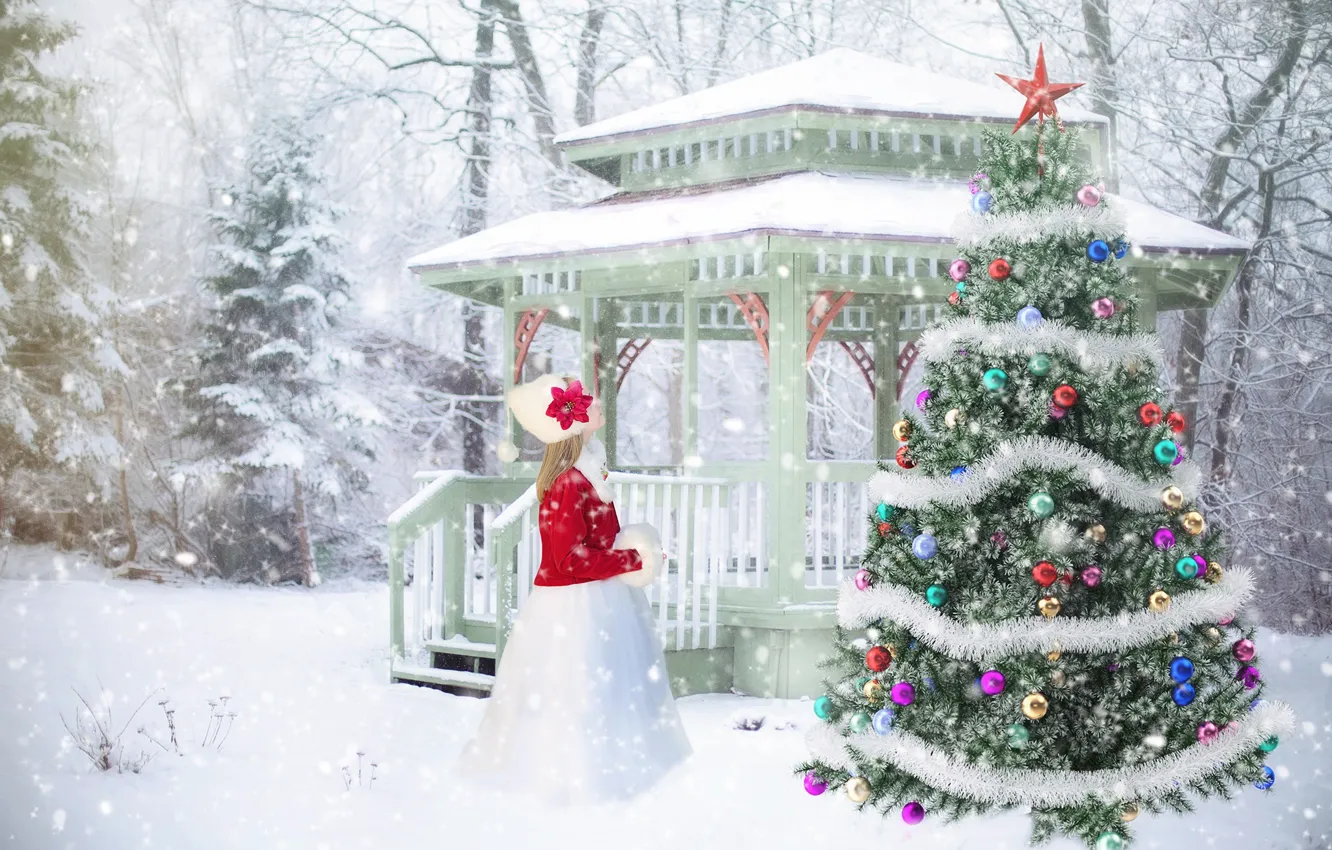 Фото обои зима, снег, украшения, елка, девочка, Новый год, Christmas, New Year