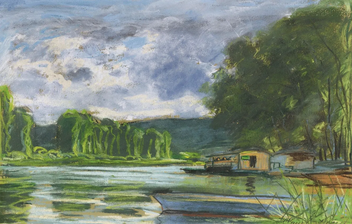 Фото обои пейзаж, река, лодка, картина, Claude Monet, Клод Моне, Берега Сены возле Жёфоса