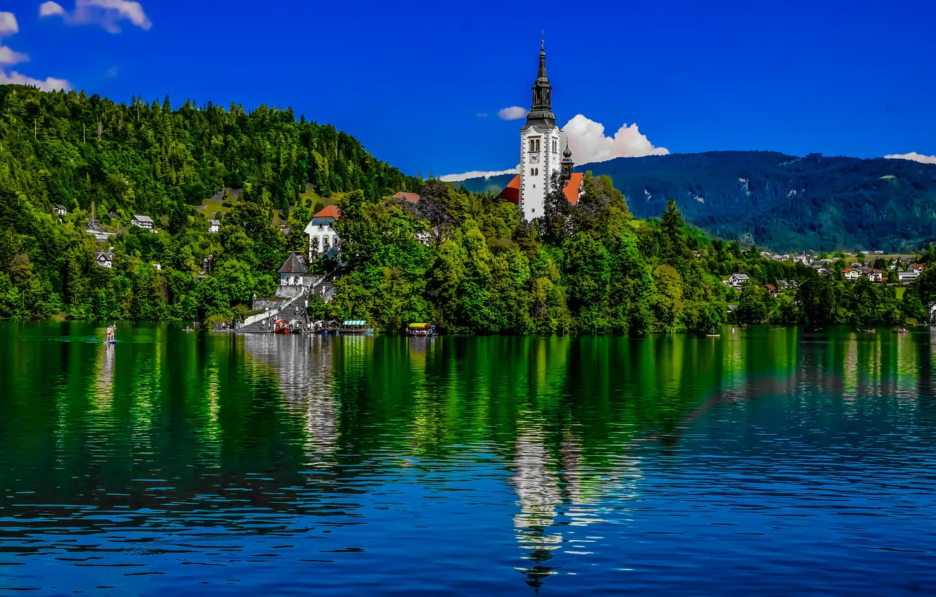 Фото обои горы, озеро, церковь, Словения, Lake Bled, Slovenia, Бледское озеро, Блед