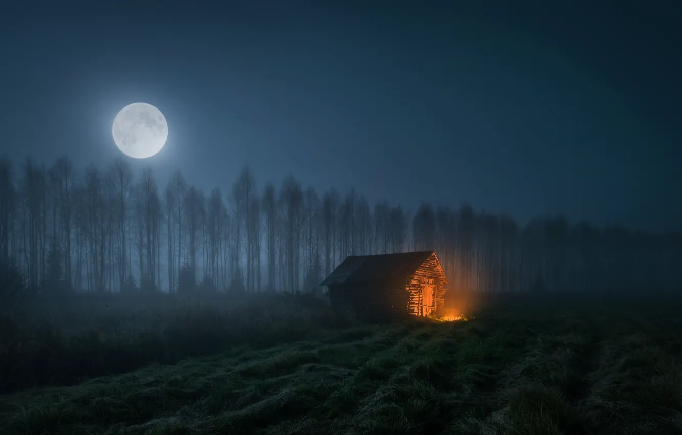 Фото обои небо, свет, ночь, дом, луна