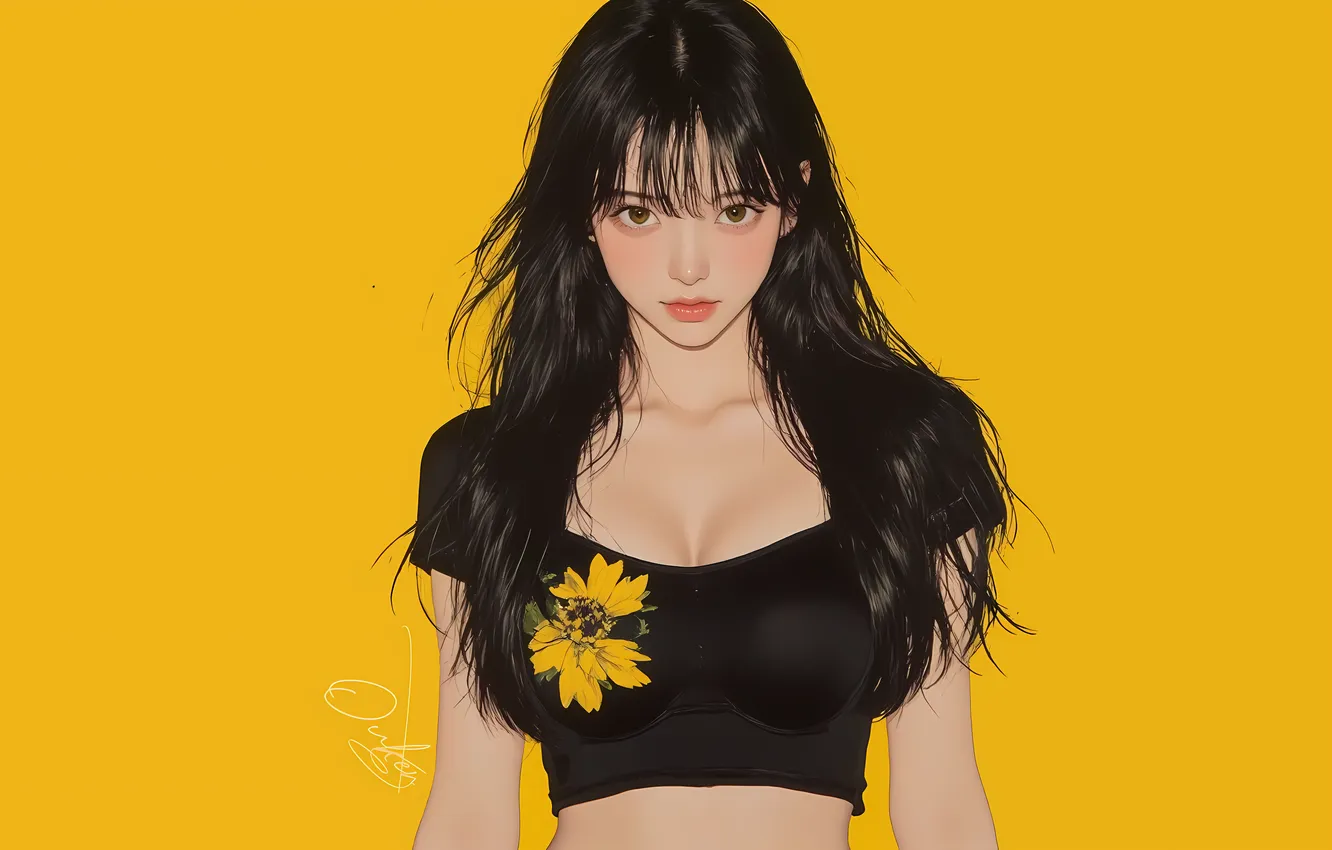 Фото обои Asian, yellow, flowers, AI art, OukenM24, techtock