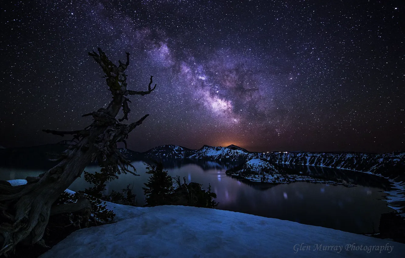 Фото обои звезды, ночь, дерево, Орегон, США, млечный путь, штат, Национальный парк Озеро Крейтер