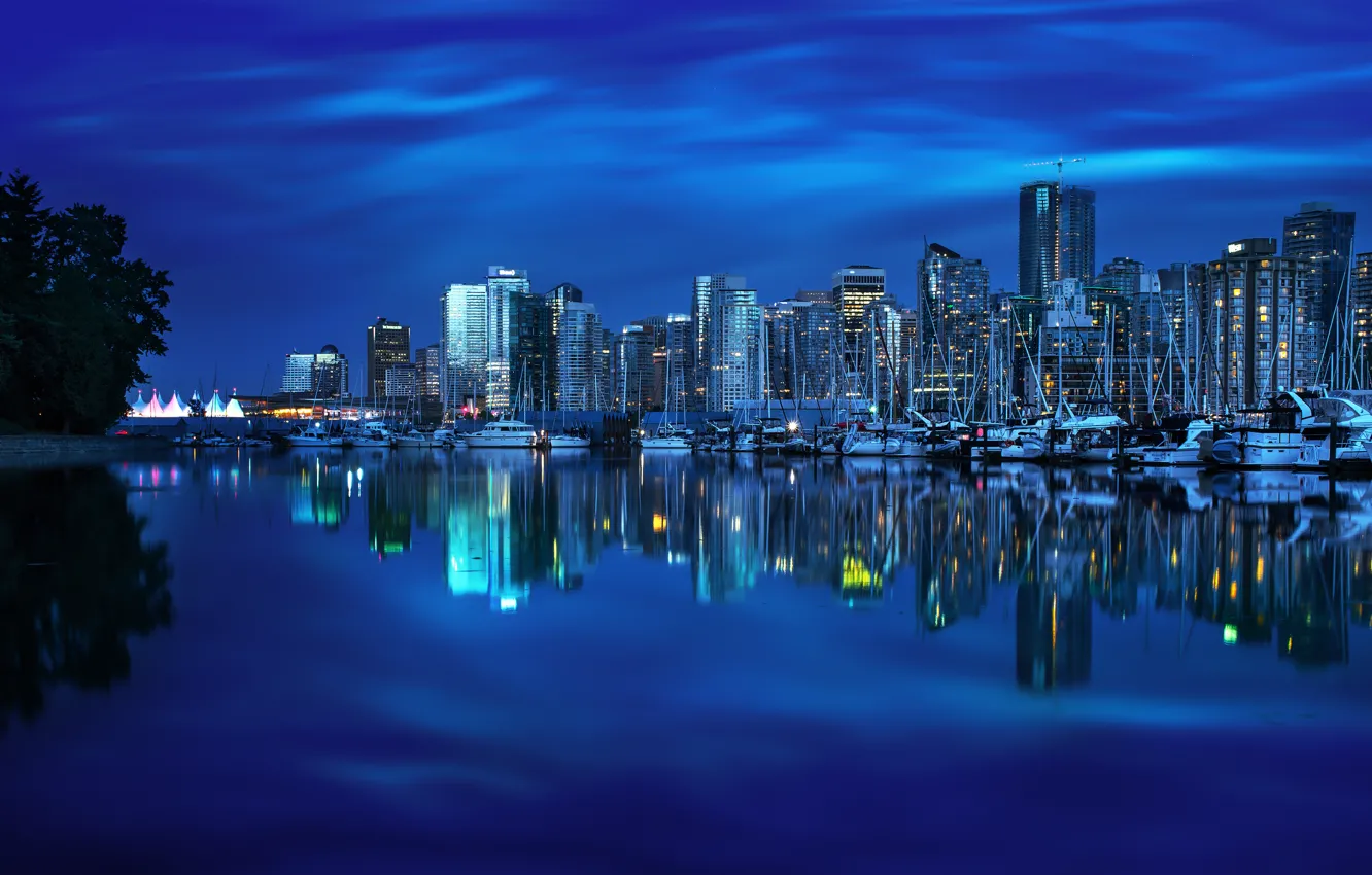 Фото обои отражение, здания, яхты, порт, Канада, залив, Ванкувер, Canada