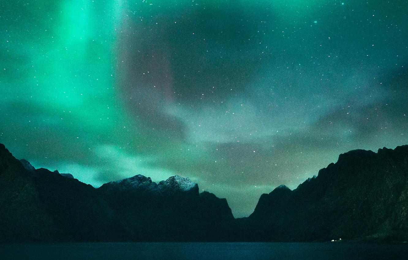 Фото обои mountains, lake, northern lights, aurora borealis