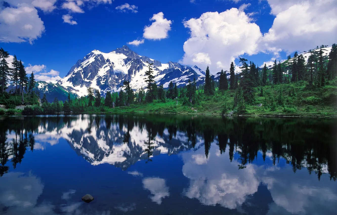 Фото обои лес, горы, природа, озеро, отражение, reflection, Mount Shuksan