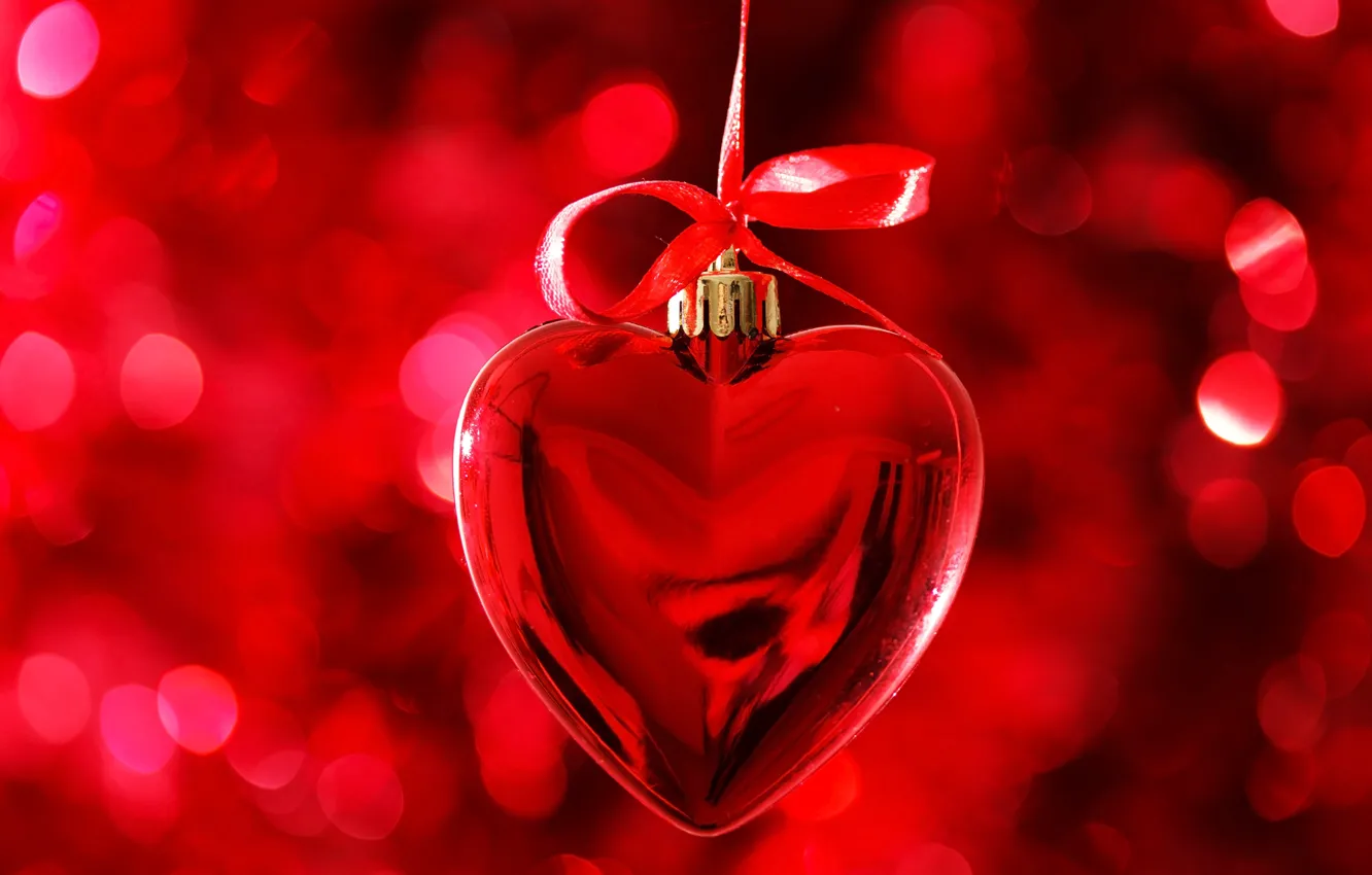 Фото обои красный, блики, фон, игрушка, сердечко, День святого Валентина, ленточка, боке