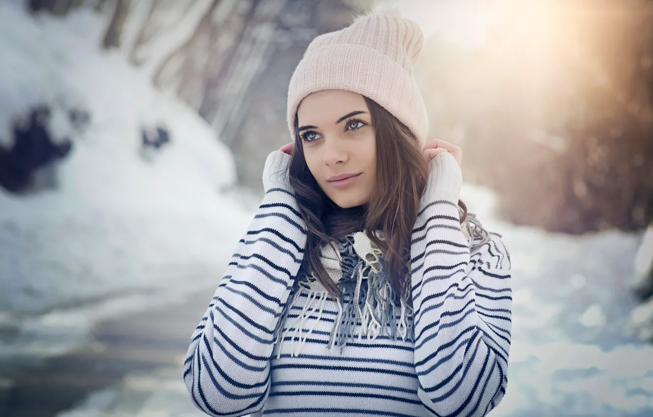 Фото обои зима, снег, природа, фон, шапка, портрет, макияж, шарф