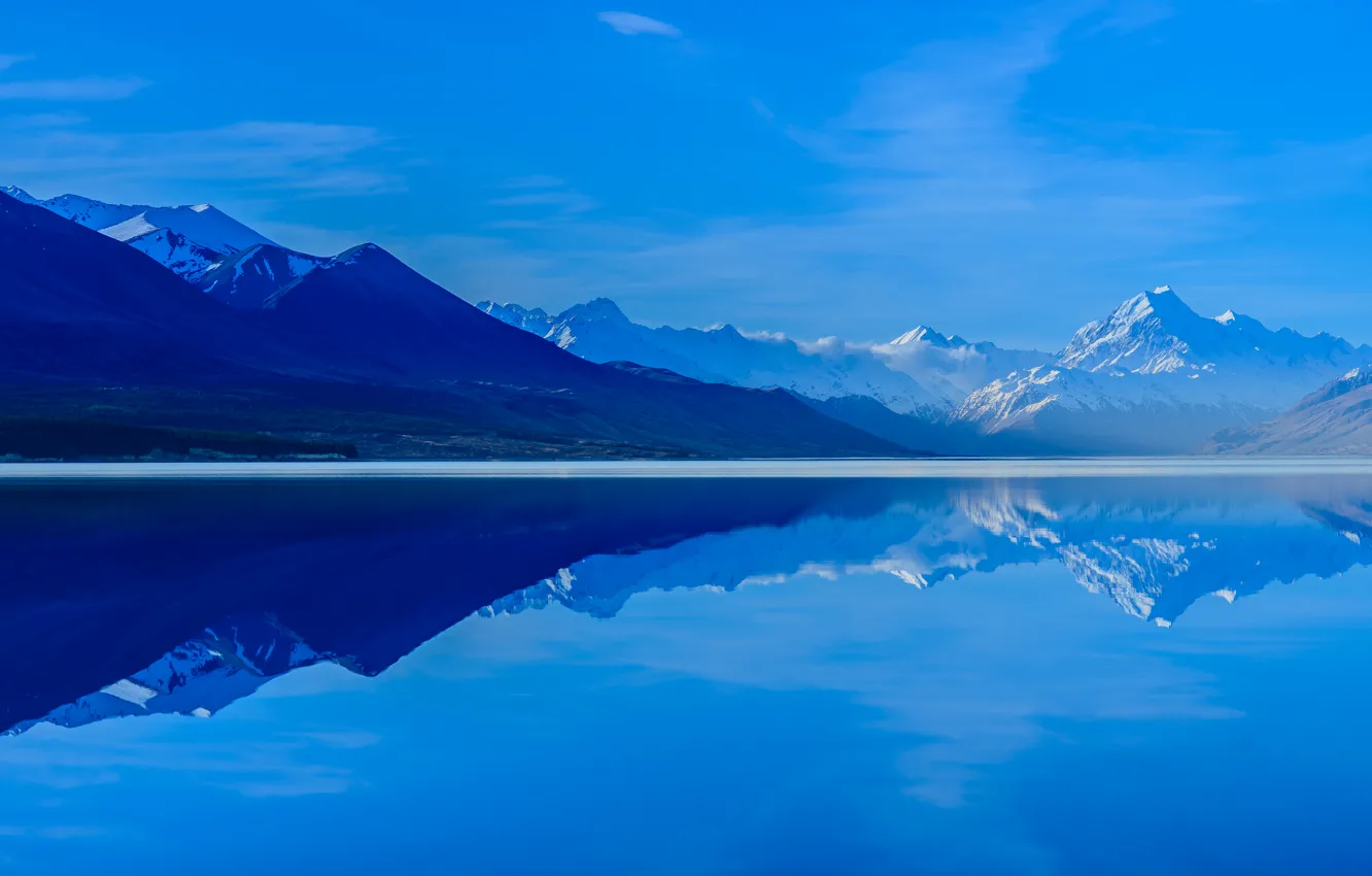 Фото обои небо, горы, отражение, Новая Зеландия, остров Южный, Lake Pukaki, озеро Пукаки