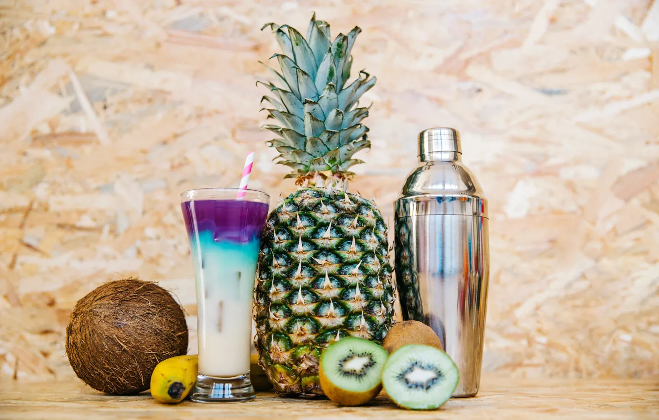 Фото обои стакан, фон, кокос, киви, коктейль, трубочка, фрукты, ананас