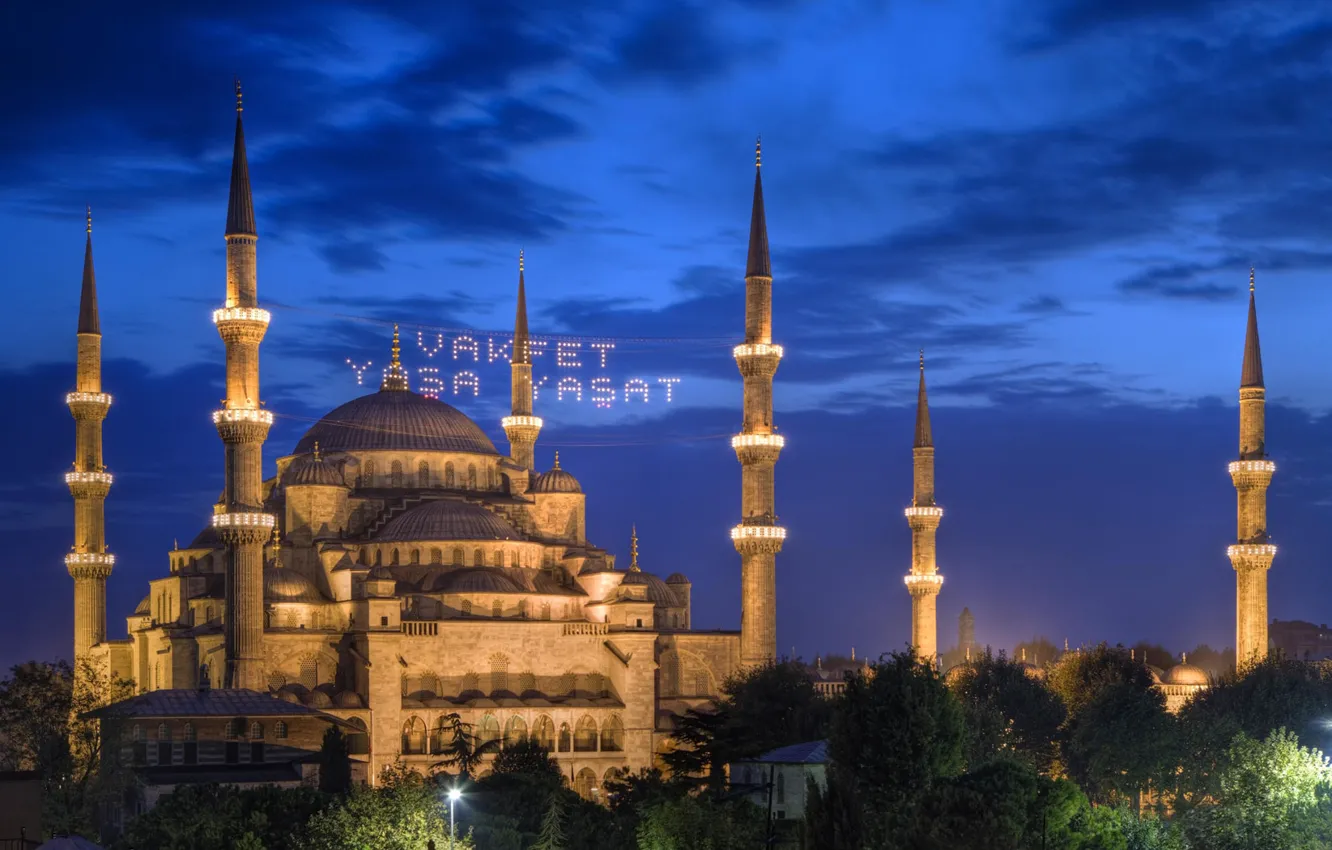 Фото обои деревья, ночь, огни, Стамбул, Мечеть Султана Ахмета, Турция