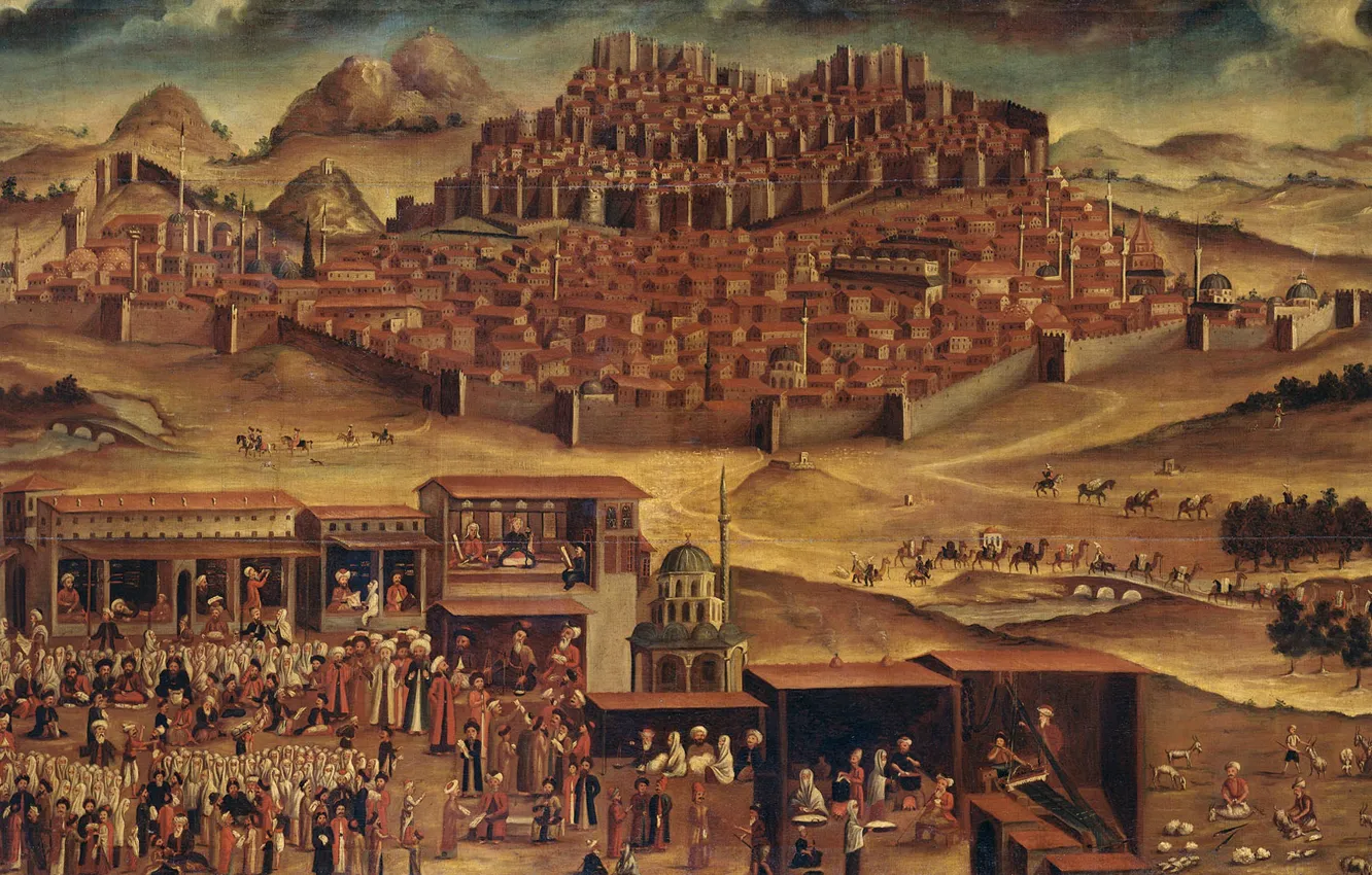 Фото обои город, масло, картина, холст, Вид Анкары