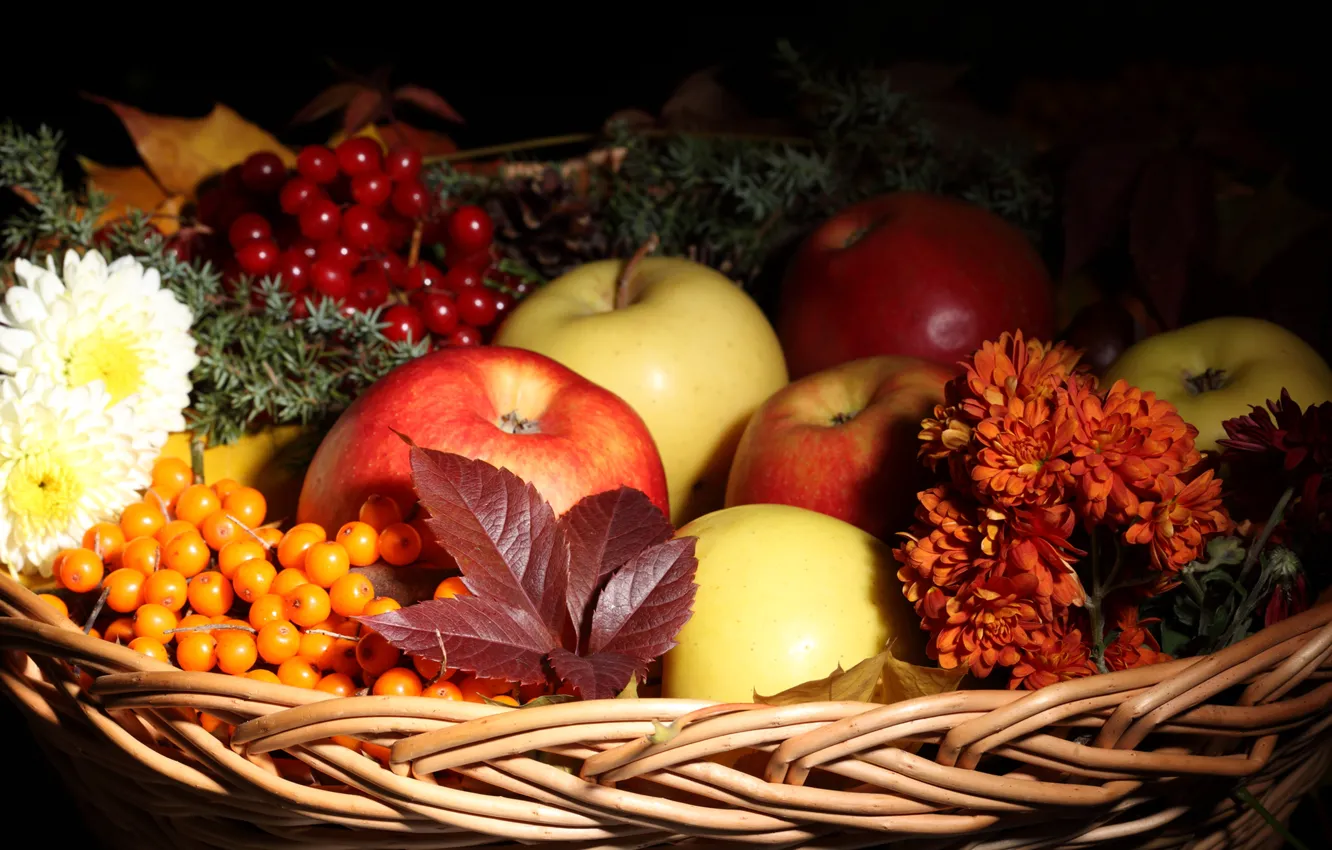 Фото обои осень, листья, цветы, корзина, яблоки, фрукты, облепиха