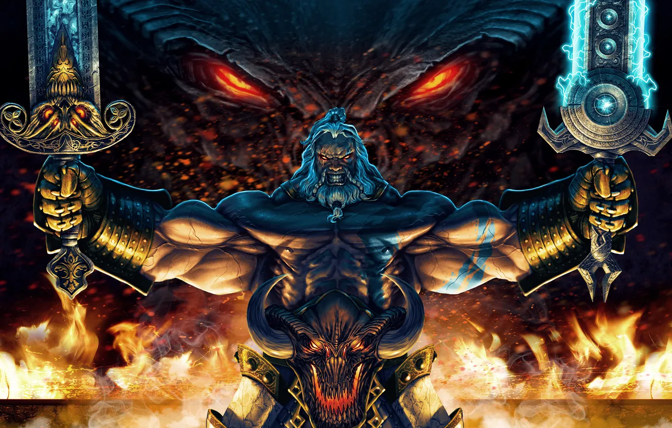 Фото обои оружие, огонь, дракон, арт, мечи, Diablo 3, злоба, barbarian