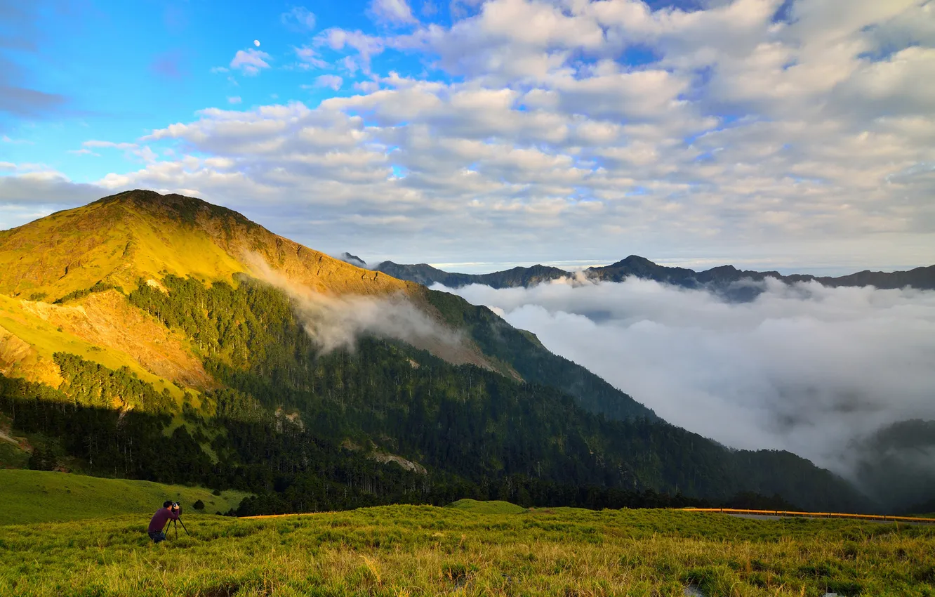 Фото обои зелень, облака, холмы, высота, фотограф, фотокамера