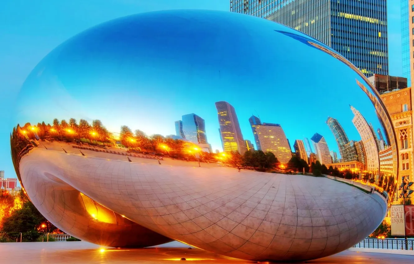 Фото обои закат, отражение, небоскребы, вечер, Чикаго, США, монумент, Spaceship Earth