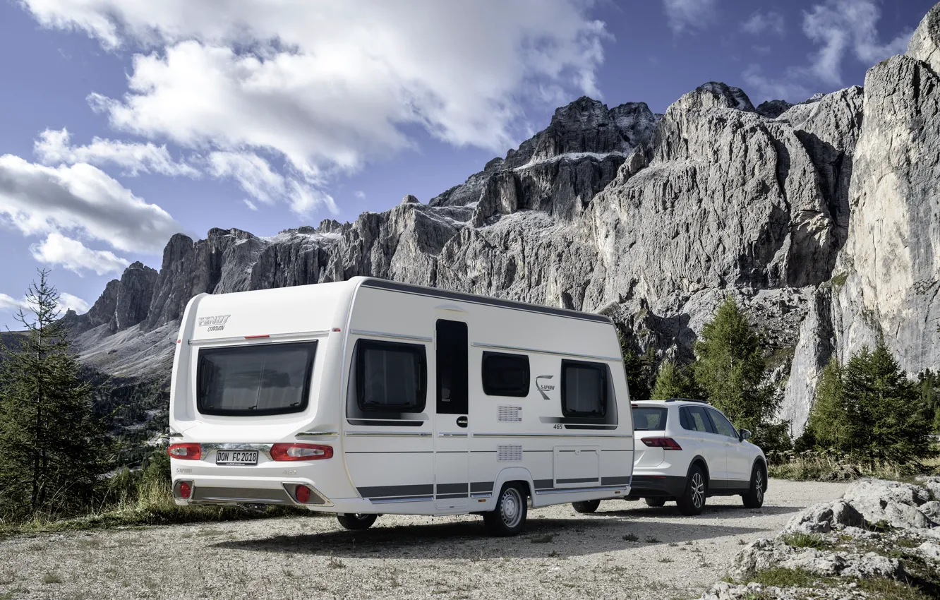 Фото обои car, mountain, caravan, FENDT Caravan