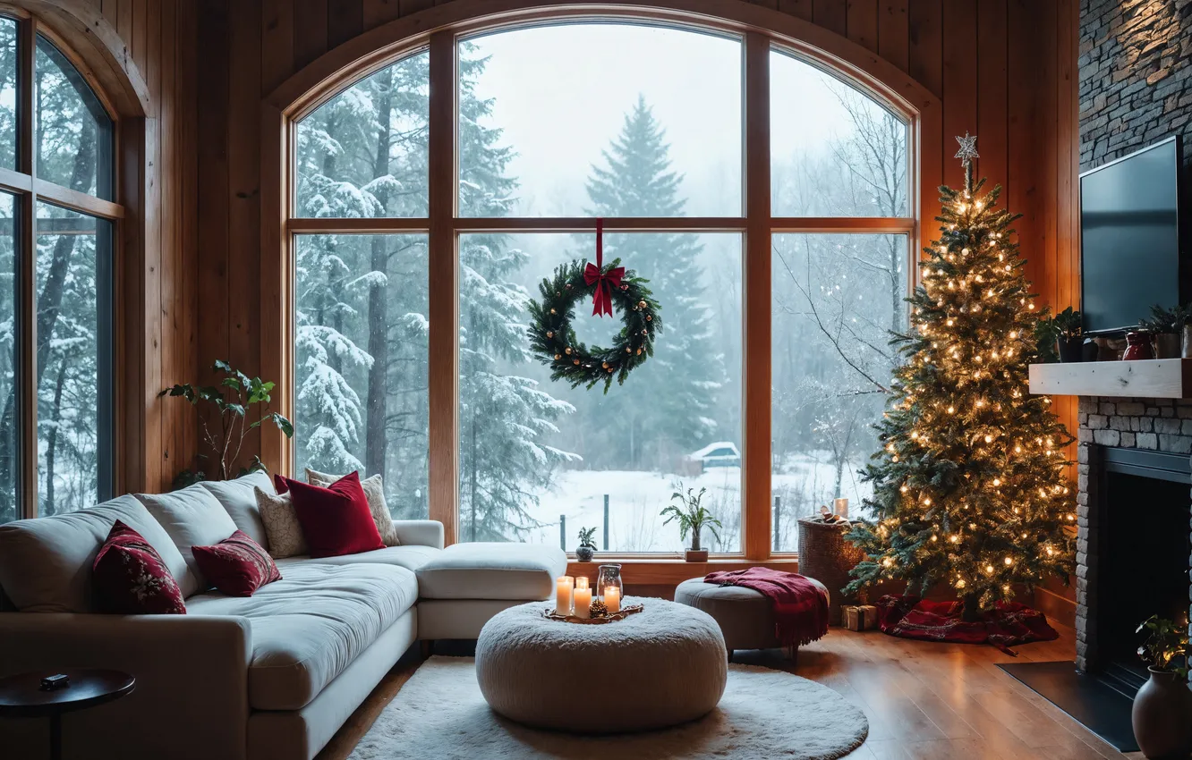 Фото обои комната, елка, интерьер, Рождество, Новый год, Christmas, view, tree