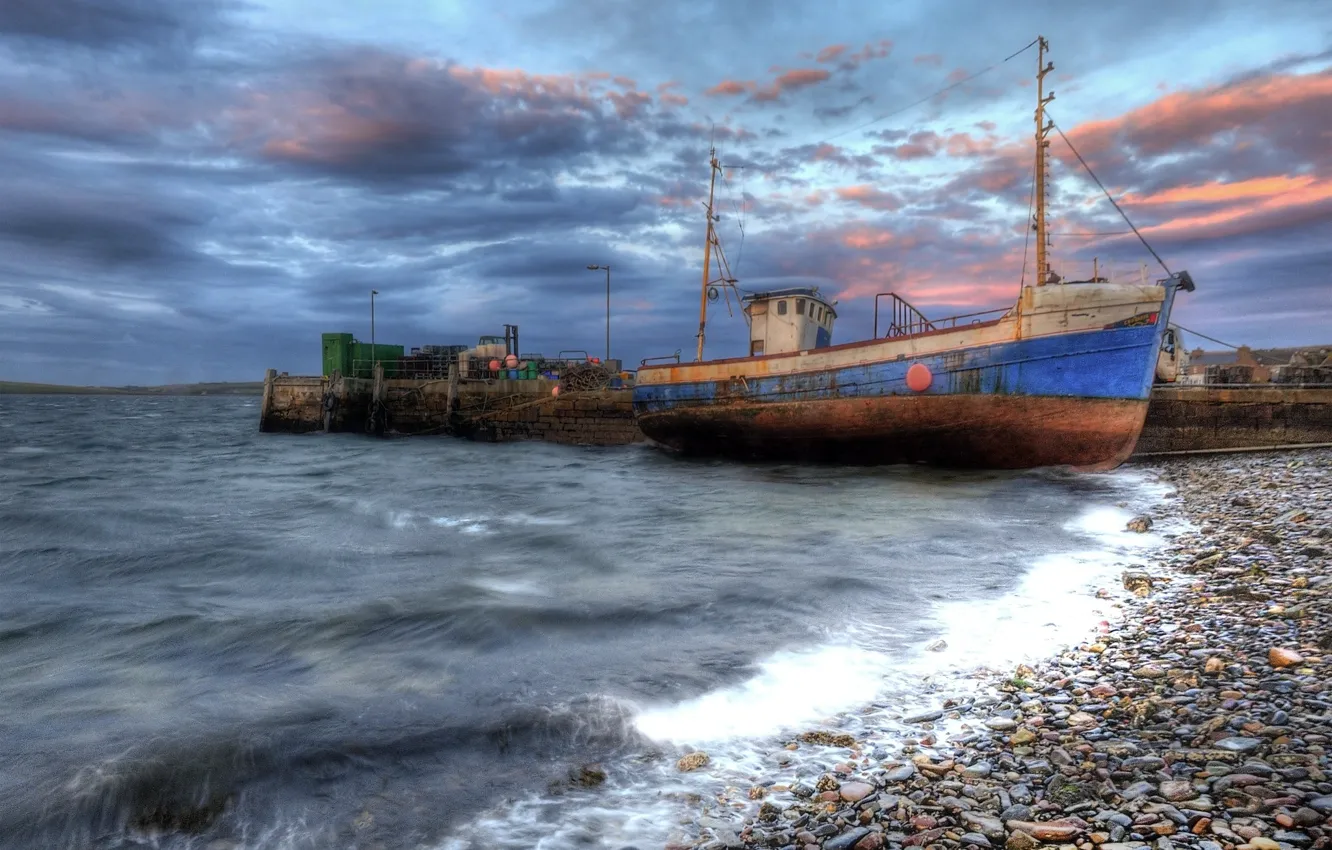 Фото обои море, берег, корабль, Orkneys sunrise