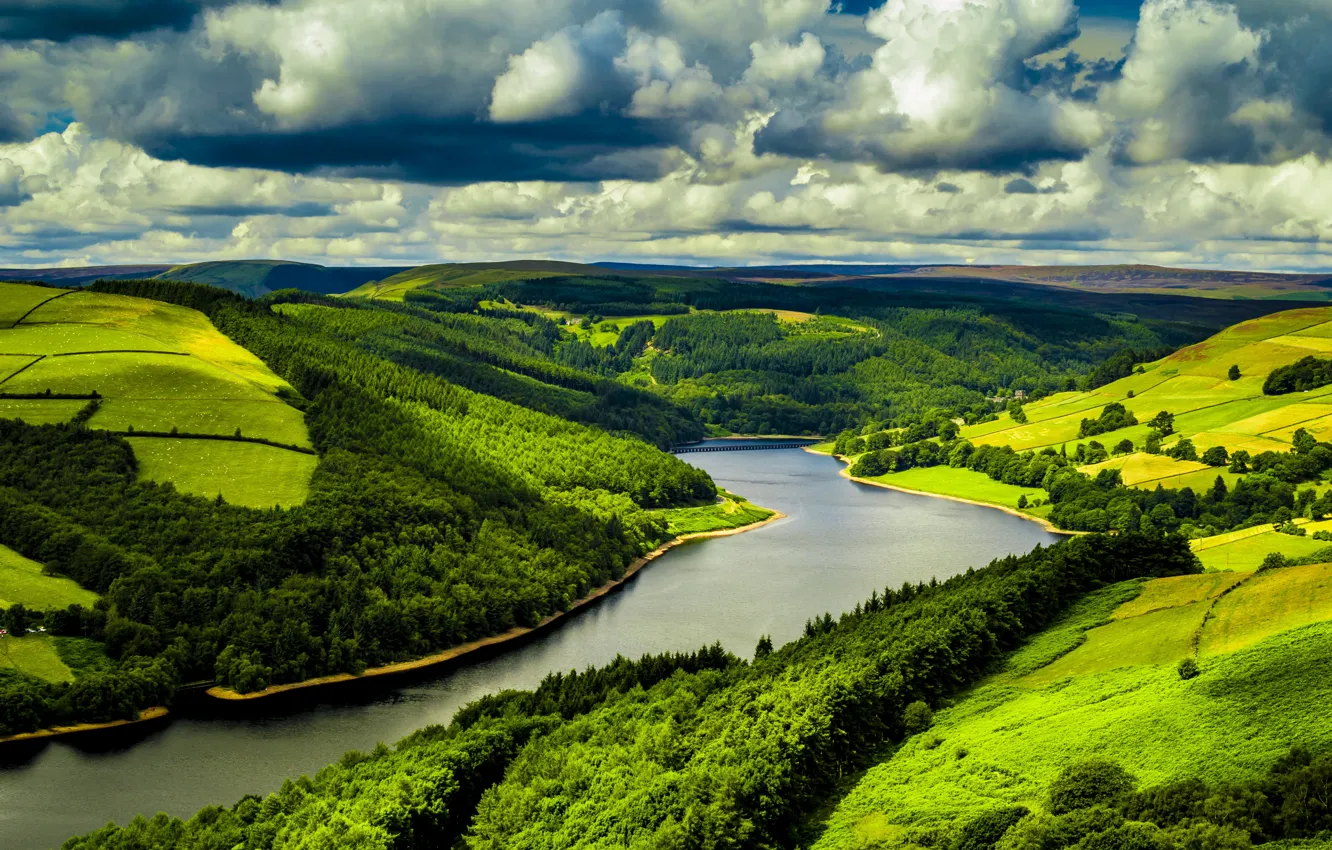 Фото обои лес, облака, пейзаж, природа, река, фото, поля, Великобритания