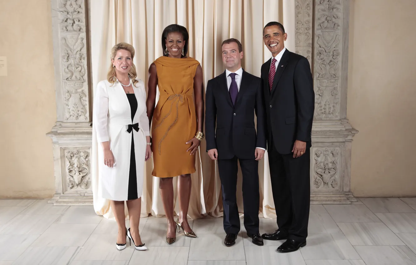 Фото обои улыбка, политика, президент, медведев, синий галстук, обама