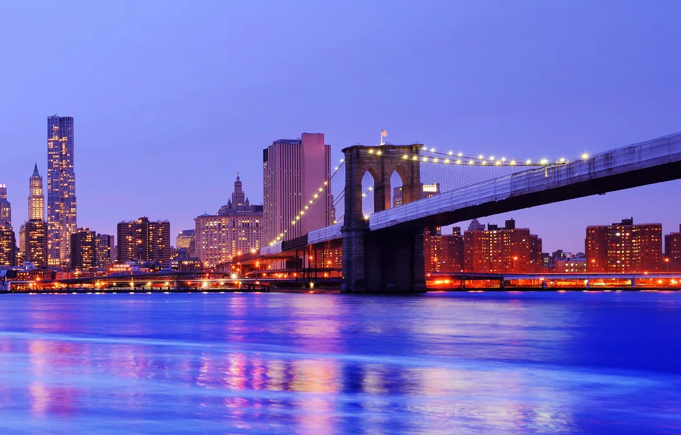 Фото обои вода, ночь, мост, город, lights, огни, небоскрёбы, panorama