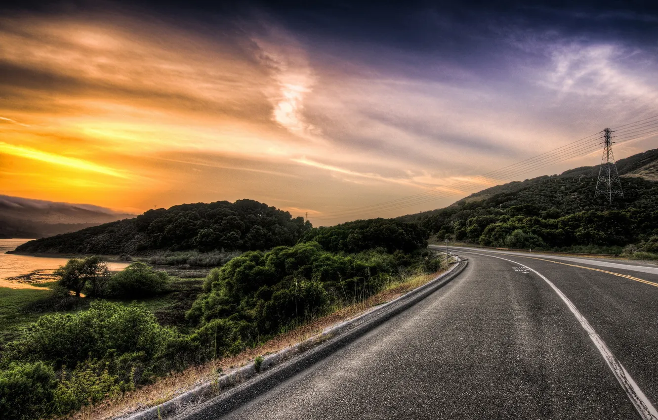 Фото обои дорога, небо, пейзаж, закат, HDR