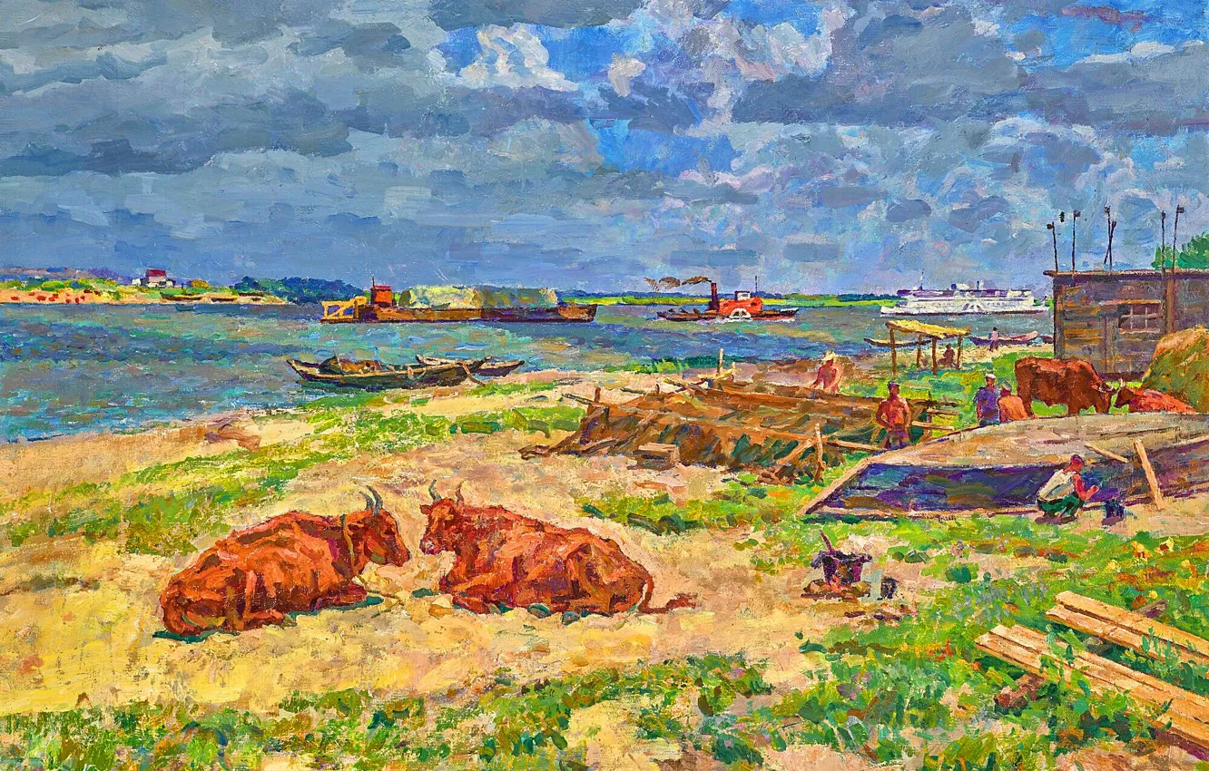 Фото обои Облака, Река, Картина, Корабли, Коровы, Борис Тихонович Спорыхин, Boris Sporykhin, Вид на старую реку Дон