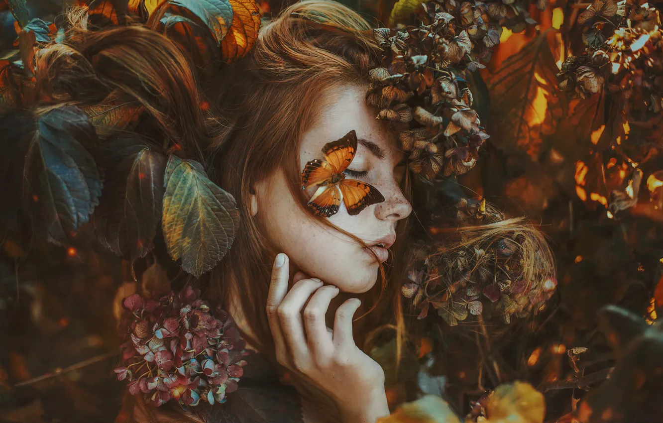 Фото обои осень, листья, девушка, свет, цветы, ветки, лицо, поза