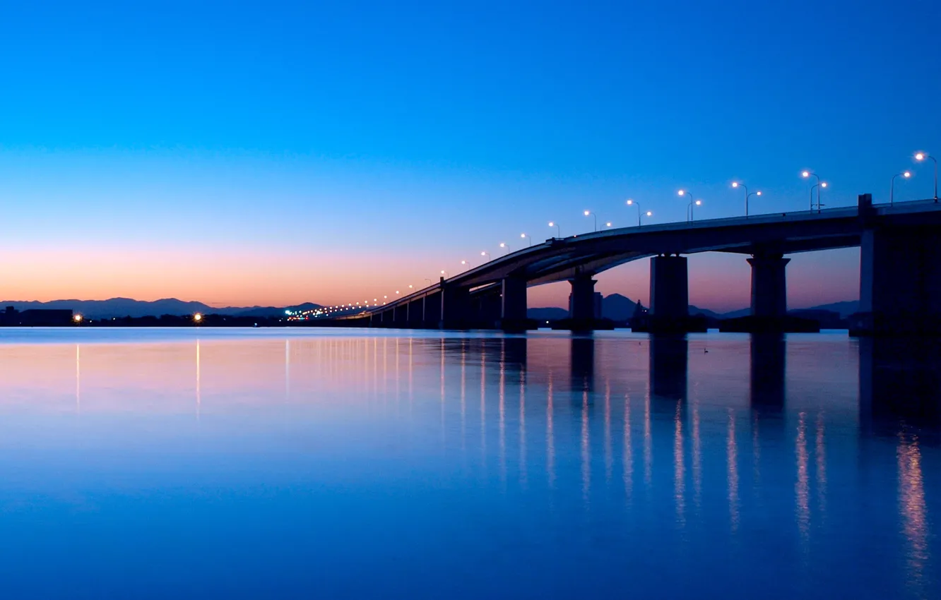 Фото обои мост, огни, Япония, Biwako Ohashi Bridge, Оцу
