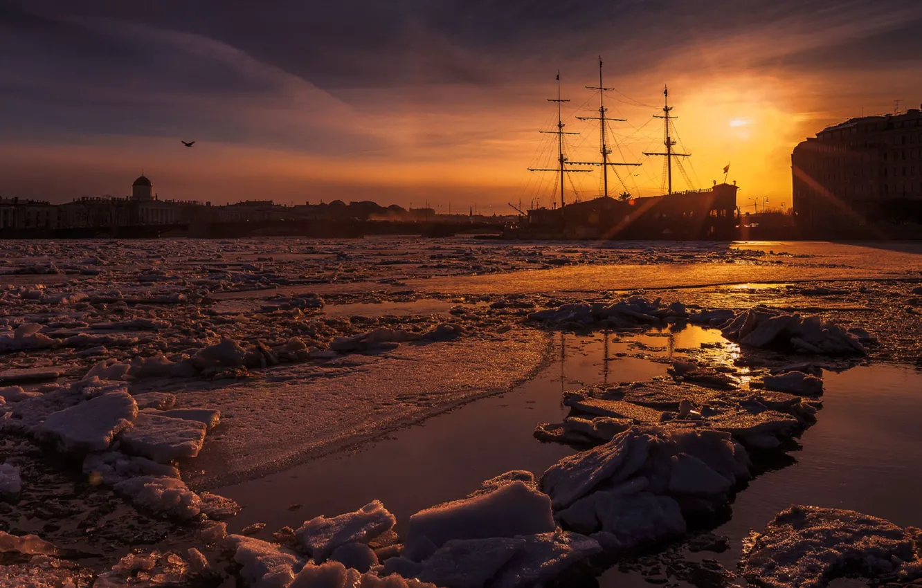 Фото обои льдины, гавань, закат в городе, парусный корабль