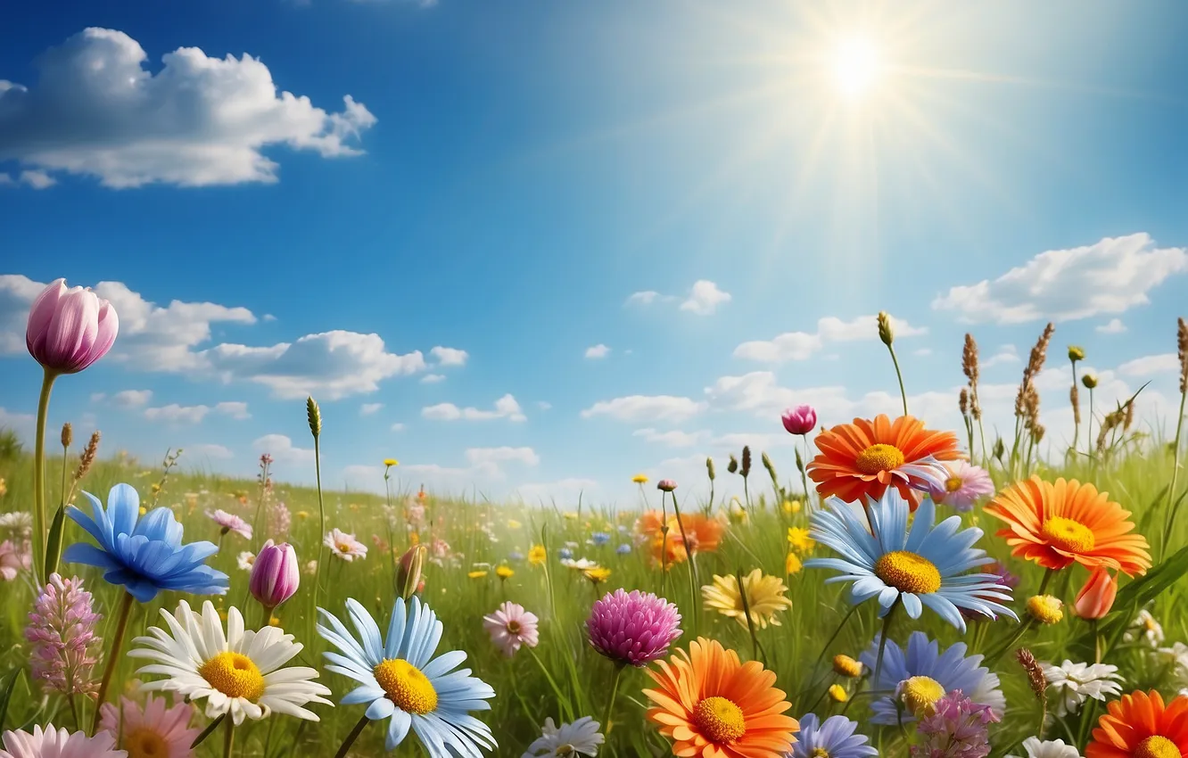Фото обои поле, цветы, весна, colorful, sunshine, цветение, flowers, spring