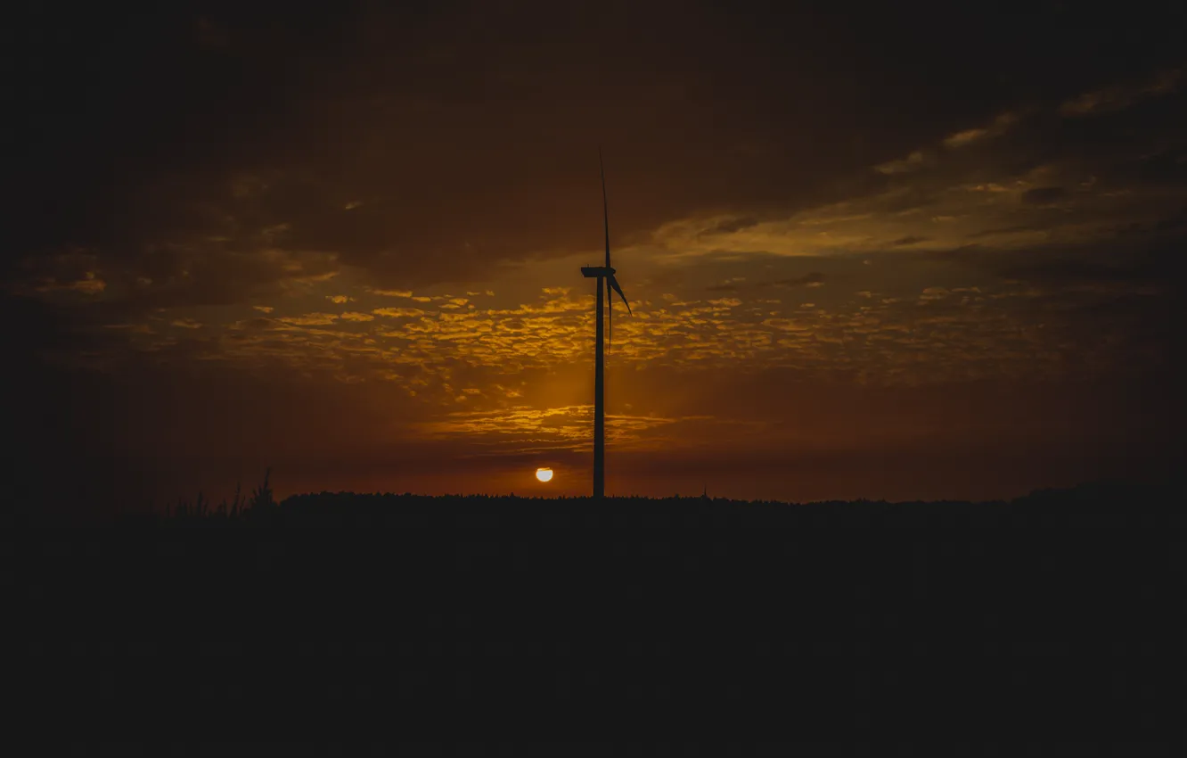 Фото обои sunset, orange, windmill, wind energy