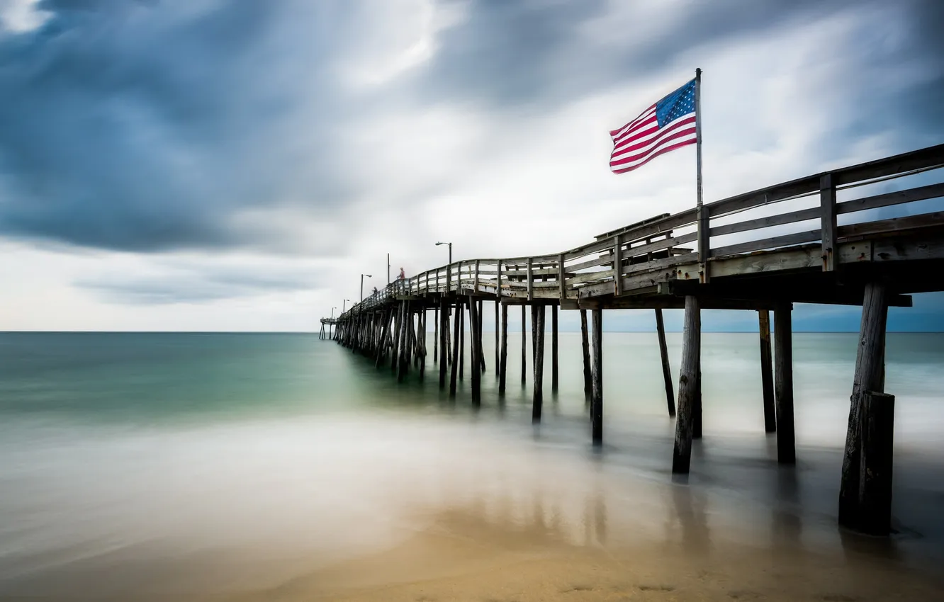 Фото обои sea, landscape, flag, North Carolina, long exposure, Nags Head Fishing Pier