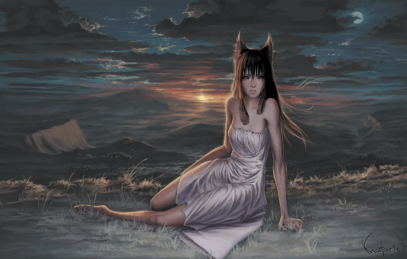 Фото обои девушка, тучи, холмы, луна, платье, арт, уши, волчица