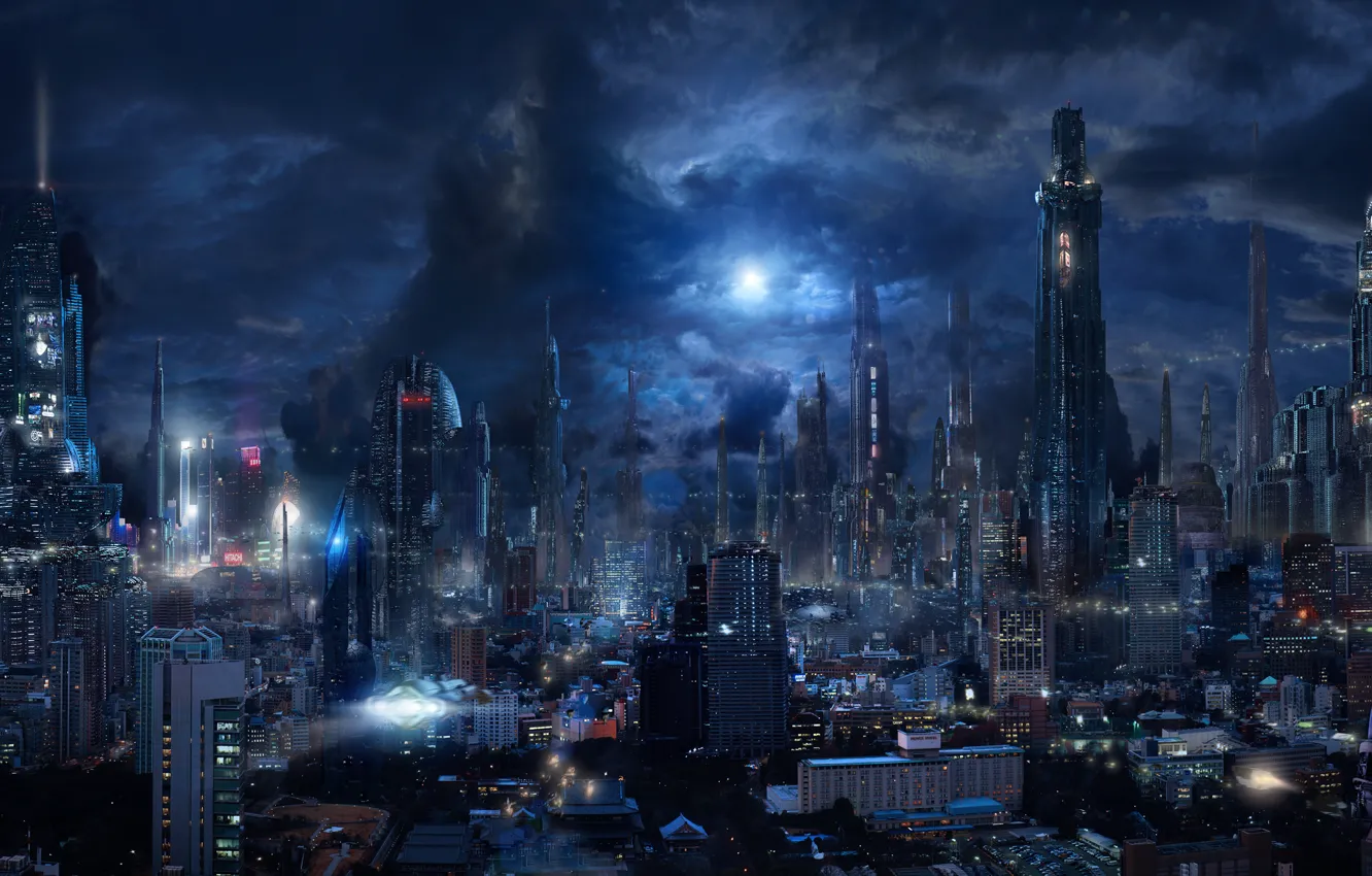 Фото обои небо, облака, ночь, город, будущее, фантастика, небоскребы, мегаполис