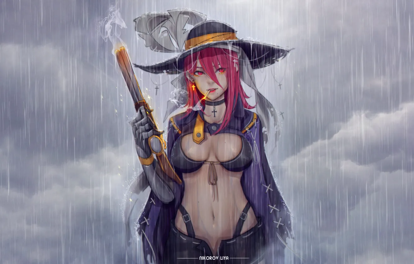 Фото обои Девушка, Пистолет, Дождь, Стиль, Тучи, Girl, Fantasy, Clouds