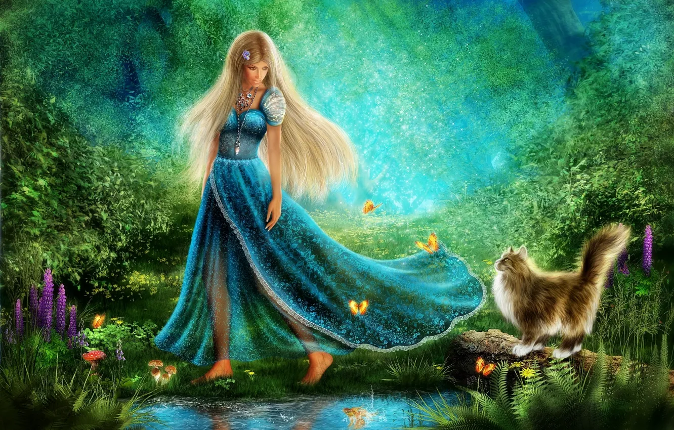 Фото обои зелень, кот, девушка, цветы, пруд, бабочка, платье