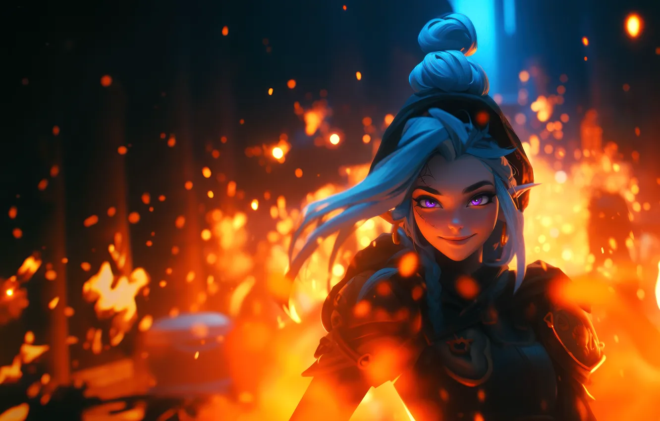 Фото обои fire, long hair, purple eyes, women, smiling, elves, blue hair, looking at viewer