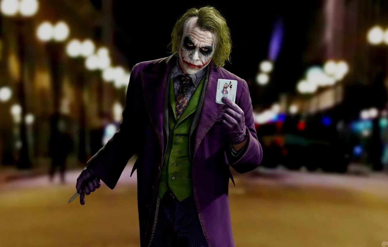 Фото обои Взгляд, Карта, Нож, Джокер, Костюм, Тёмный рыцарь, Batman, Joker