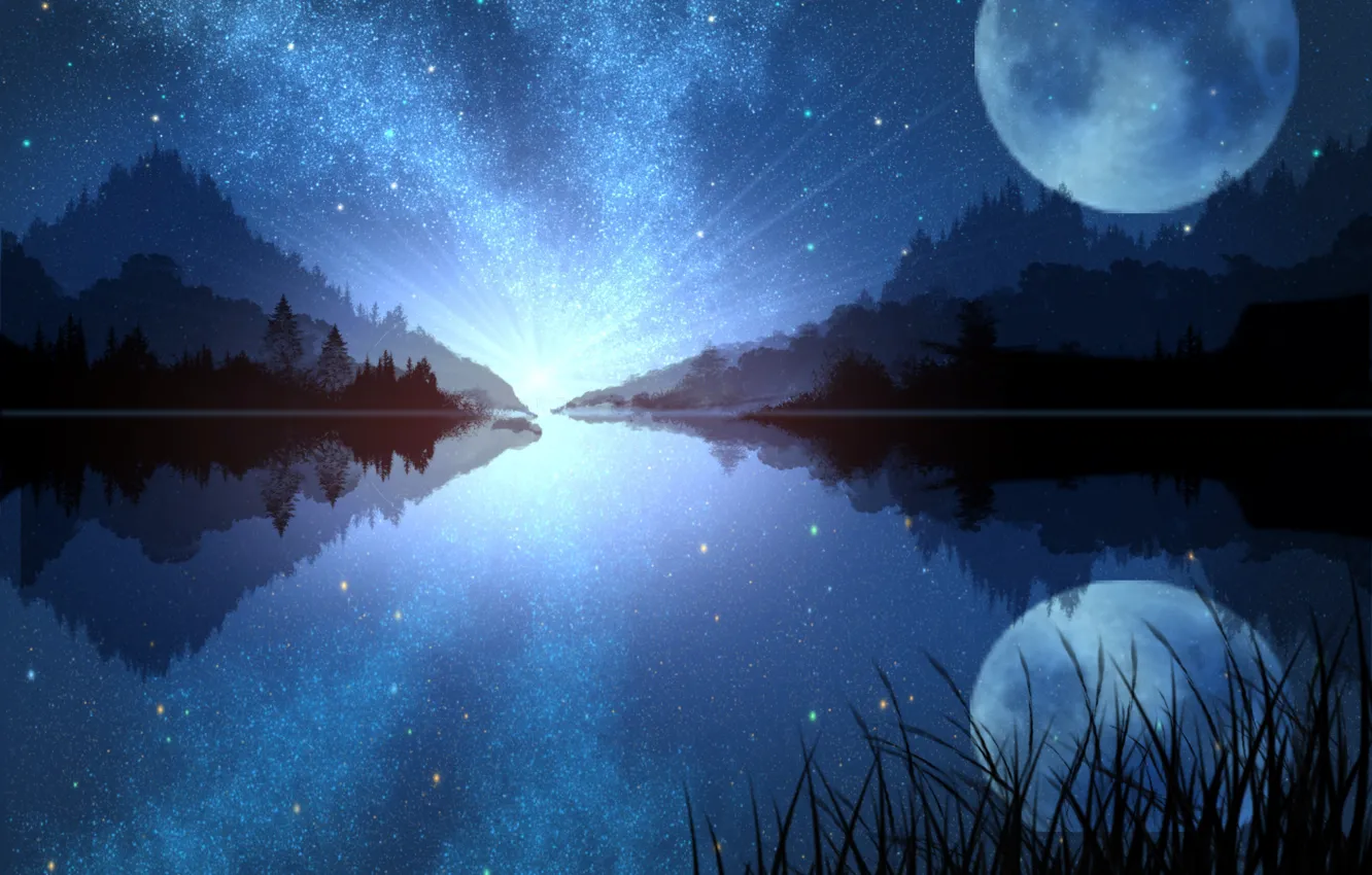 Фото обои ночь, природа, озеро, луна, млечный путь