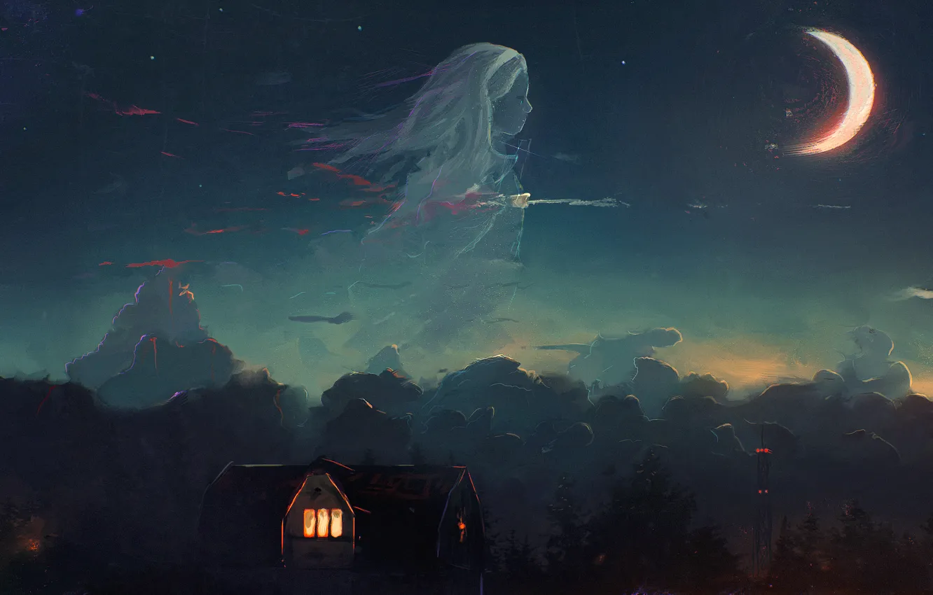 Фото обои лес, небо, девушка, облака, ночь, дом, луна, полумесяц