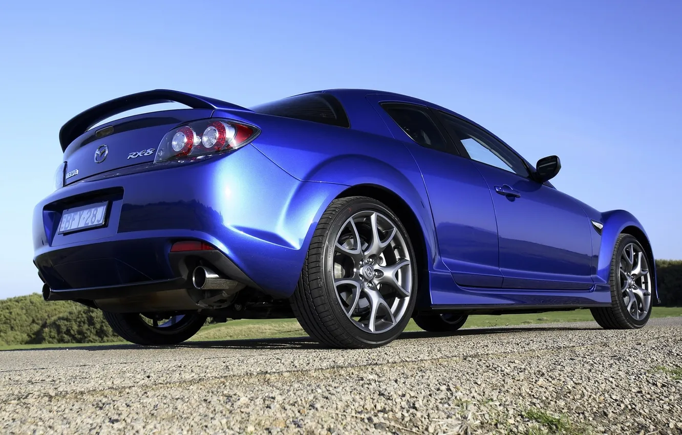 Фото обои синий, фон, Мазда, Mazda, вид сзади, RX-8