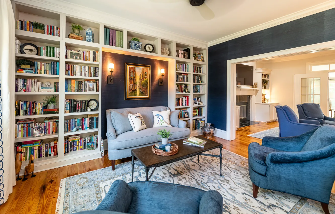 Фото обои дизайн, стиль, интерьер, библиотека, гостиная, by Sandra Ericksen design, Dunes West