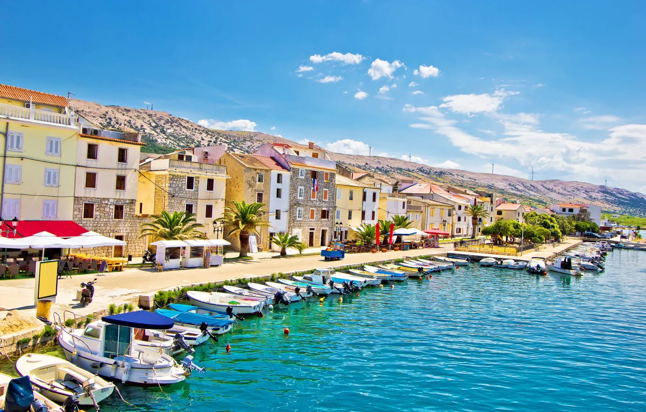 Фото обои море, город, пристань, набережная, Хорватия, остров Паг, Паг