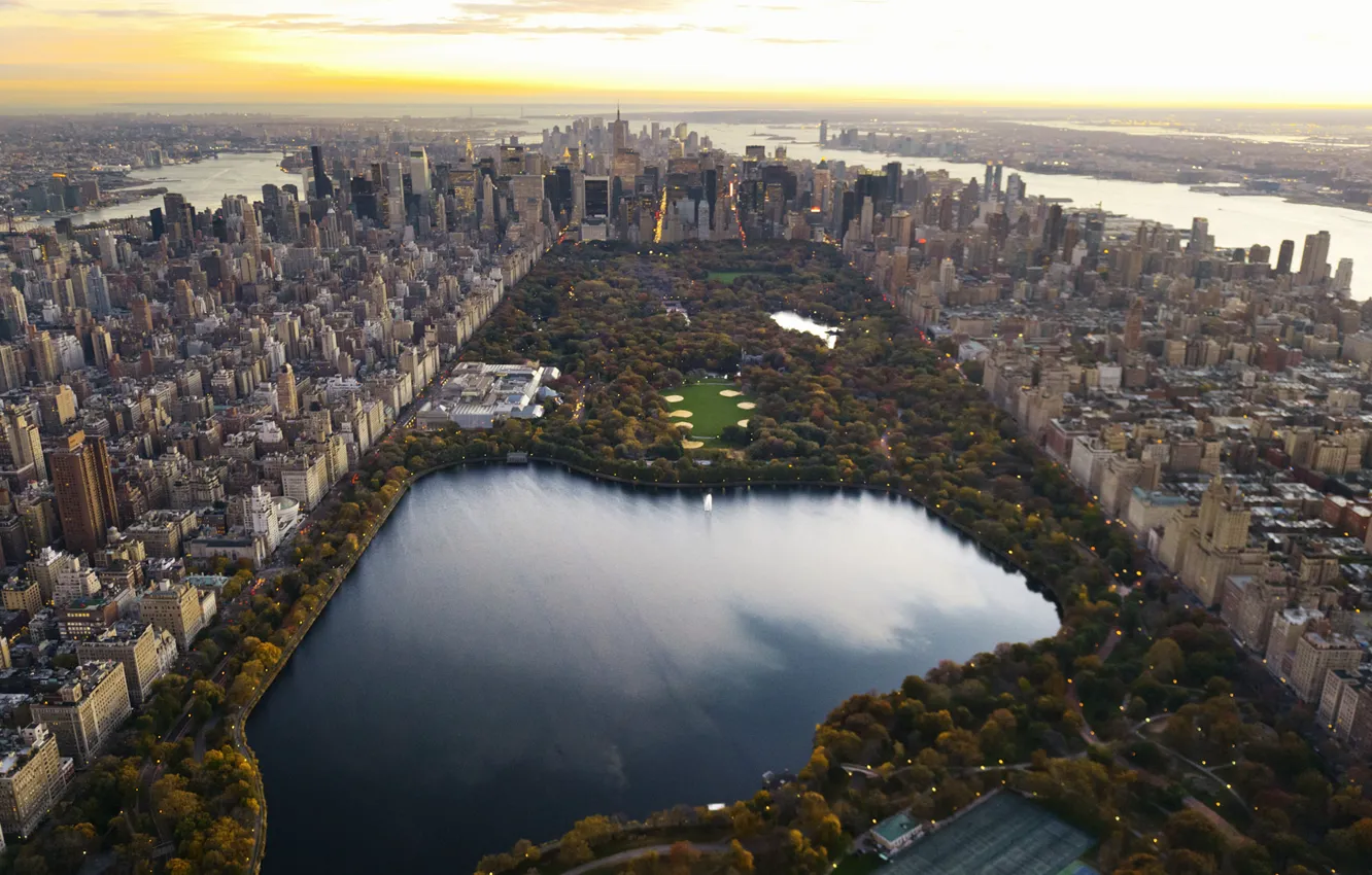 Фото обои город, озеро, обои, небоскребы, вечер, панорама, wallpaper, нью-йорк