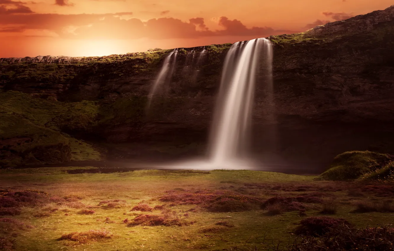 Фото обои пейзаж, закат, природа, рендеринг, скалы, водопад, поток, Исландия
