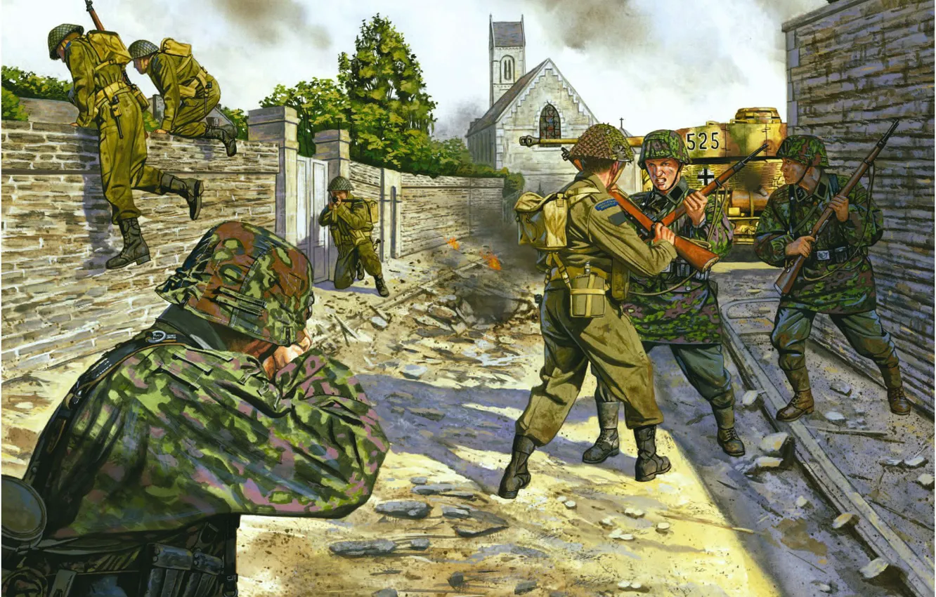 Фото обои солдаты, танк, схватка, немцы, городской бой, британские пехотинцы