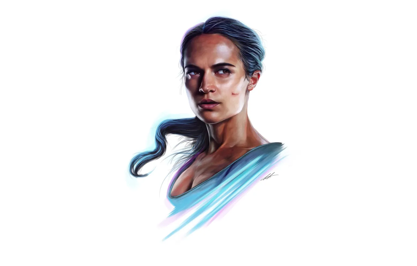 Фото обои рисунок, портрет, арт, белый фон, Tomb Raider, Лара Крофт, Алисия Викандер, Alicia Vikander