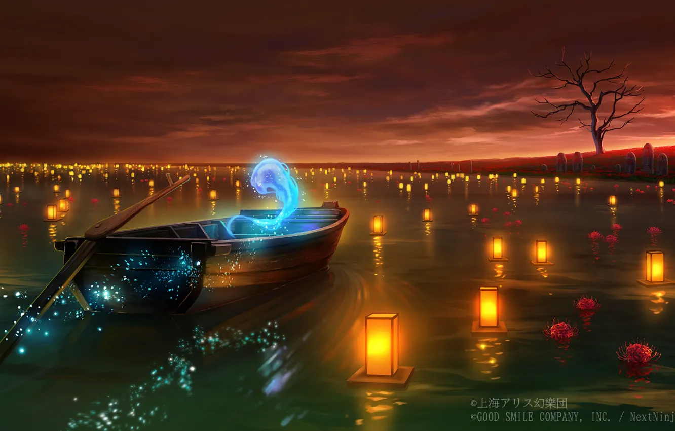 Фото обои лодка, фонарики, душа, Touhou Project, ликорисы, Море Спокойствия, мистический огонь